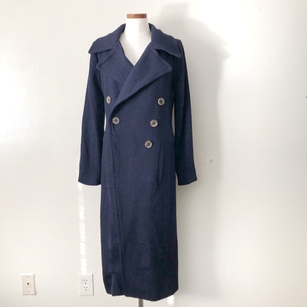 Free People Navy Textured Long Trench Coat - Picture 2 of 13
